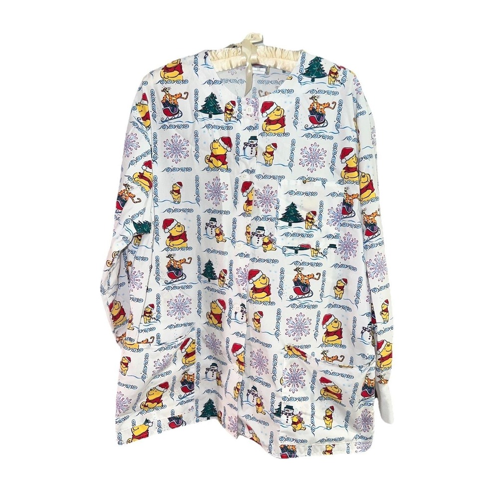 Disney Winnie the Pooh Christmas Scrub Top Medium White Vintage Y2K Made in‎ USA